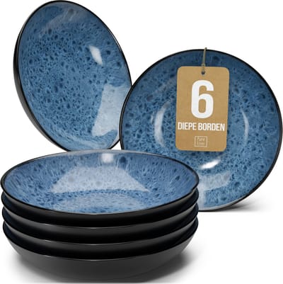 Pure Living Ibiza Dark Set Van 6 Diepe Borden - Ø 20 cm - Diepblauw - Aardewerk - Vaatwasserbestendig - Magnetronbestendig