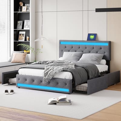 Gestoffeerd opbergbed 140x200cm, tweepersoonsbed met ledverlichting, USB-oplaadmogelijkheid, 4 lades, lattenbodem, linnen stof, zonder matras, donkergrijs