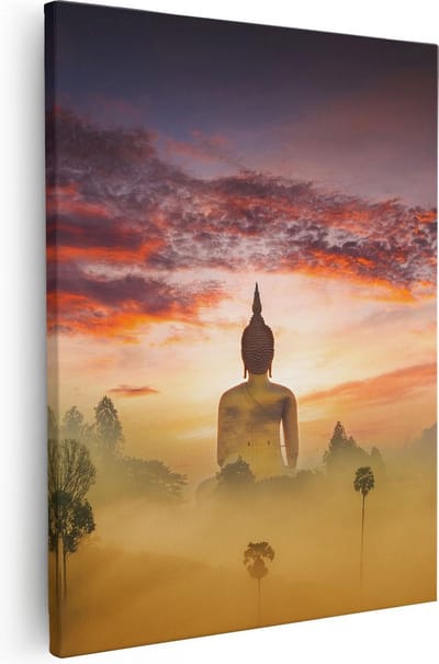 Artaza Canvas Schilderij Boeddha Standbeeld - 40x50 cm - Wanddecoratie Mist - Muurdecoratie Spiritueel - Kamer Accessoires Woonkamer