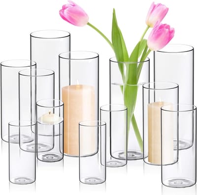 Set van 12 Glazen Cilinder Vazen en Kandelaars - Orkaan Stijl voor Drijvende Kaarsen en Bloemen