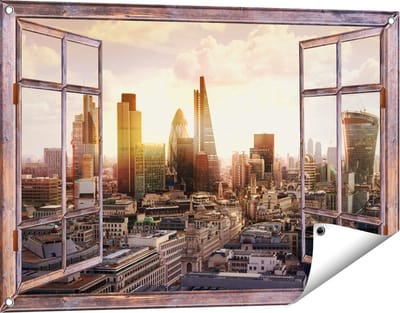 Gards Tuinposter Doorkijk Londen bij Zonsondergang in een Moderne Wijk - 90x60 cm - Tuindoek - Tuindecoratie - Wanddecoratie buiten - Tuinschilderij