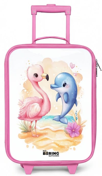 NoBoringSuitcases.com® - Kinderkoffer roze - Kindertrolley meisje - Roze flamingo en blauwe dolfijn op een strand - Koffer kind lichtgewicht - Reiskoffer trolley voor kinderen - Koffertje met lichtgevende wieltjes - Rolkoffer