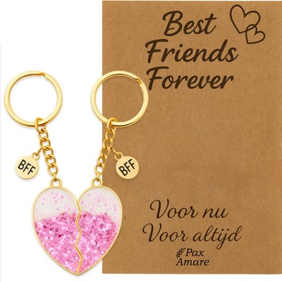 BFF Sleutelhanger voor 2 'Best Friends Forever' - Roze Glitter Hartje - Sleutelhangers op Cadeau Kaartje - Goudkleurig - Vriendschap Symbool - Pax Amare