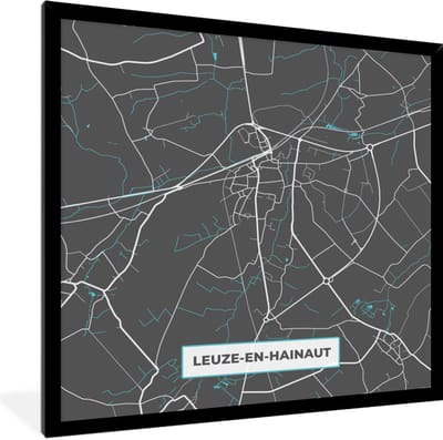 Fotolijst incl. Poster - Plattegrond – Leuze en Hainaut – Blauw – Stadskaart - Kaart - 40x40 cm - Posterlijst