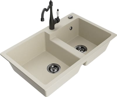 Mexen Tomas granieten gootsteen met 2 kamers en Carla keukenkraan, beige - 6516-69-670700-70