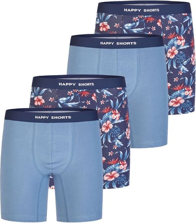 Happy Shorts Heren Boxershorts Met Lange Pijpen Boxer Briefs 4-Pack Hawaii Gebloemd/Blauw - Maat M