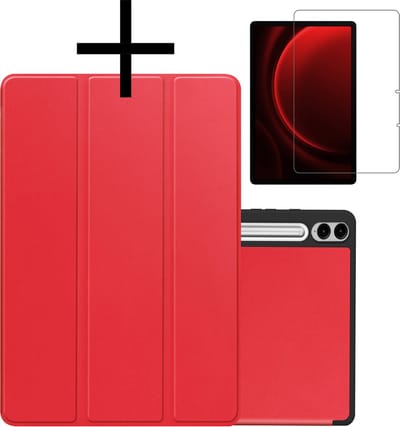 Hoes - Geschikt voor Samsung Galaxy Tab S9 FE Plus - Met Screenprotector - Trifold Bookcase - Hard Cover Case - Met Uitsparing Geschikt voor S Pen - Hardcover Book - Tablet Hoesje - Rood