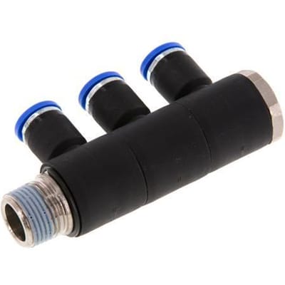 8mm x R3/8'' 3-way Manifold Messing/PA 66 Insteekfitting Buitendraad Draaibaar NBR