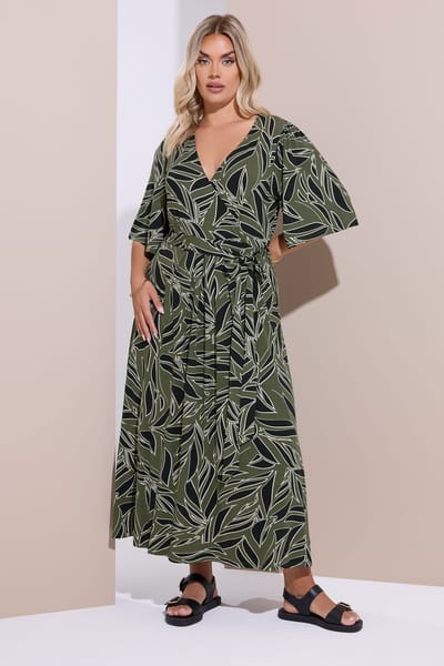 Yours Khaki Groene Blad Wikkel Maxi Jurk Size 42