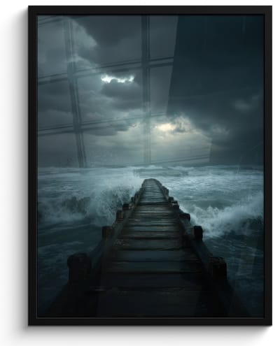 Poster in lijst - Fotolijst 60x80 cm - Posters - Steiger - Storm - Golven - Posterlijst zwart - Decoratie - Wanddecoratie woonkamer - Muurdecoratie slaapkamer