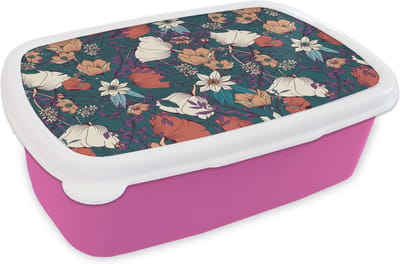 Broodtrommel Roze - Lunchbox - Brooddoos - Botanisch - Vintage - Bloemen - 18x12x6 cm - Kinderen - Meisje