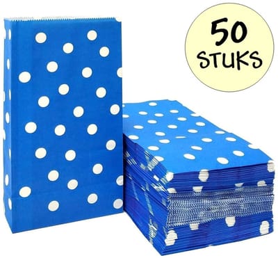 50x Blauwe Uitdeelzakjes Met Stippen - 13x8x24cm - Stevig Papier - Traktatie Zakjes - Papieren Zakjes - Cadeau Zakjes - Polka Dots - Met Blokbodem - Blauw - 50 Stuks