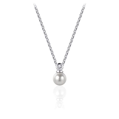Jewels Inc. - Parel Hanger incl. Ketting met een Zirkonia Steen gezet in een gladomzetting - 10mm x 5mm - Lengte 42+3cm - Gerhodineerd Zilver 925