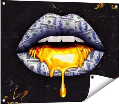Gards Tuinposter Dollar Lippen met Goud - 80x60 cm - Tuindoek - Tuindecoratie - Wanddecoratie buiten - Tuinschilderij