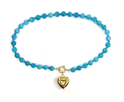 Ketting aqua blauwe amazoniet kralen 10mm /hart goud