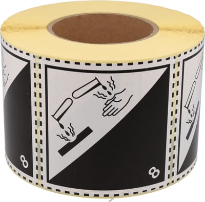 DULA Waarschuwingsetiket ADR Klasse 8 Bijtende stoffen 100x100 mm - Kern 76mm - 1000 per rol