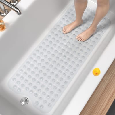Famanu Antislip badmat voor bad, 101 x 40 cm extra lange douchemat, antischimmel, machinewasbare badmat met zuignappen en afvoergaten, zacht op de voeten, helder