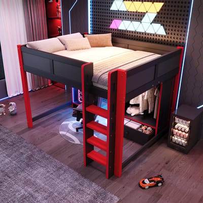 Hoogslaper 140x200 cm - met LED-verlichting - speelbed met bureau - kast - grote lade - zonder matras - zwart-rood