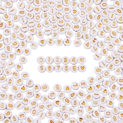 1 Doos 600 Stuks Gouden Ronde Nummer Kralen 7x4mm Acryl Plastic Wit 0-9 Cijfers Symbool Patroon voor Sieraden Maken DIY Vriendschap Armband