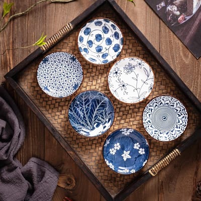 STAR&STER Japanse stijl Keramische dipschaaltjes in Japans, blauw en wit, 90 ml sausschaaltjes voor sushi, sauzen, snacks, olie en sojasaus, verpakking van 6, ronde, kleine dipschaaltjes (10 cm)
