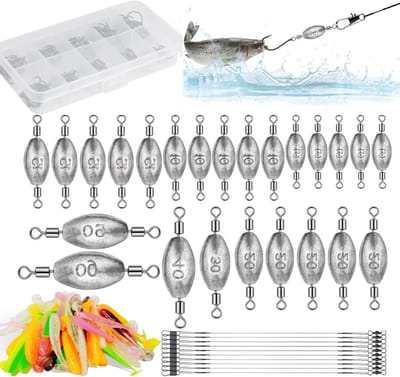 Complete Set van 134 Stuks Olijfvormige Drop Shot Lood Gewichten voor Vissen - Ideaal voor Forel, Zeevisserij en Zoetwatervissen met Diverse Gewichtsmaten van 5g tot 60g