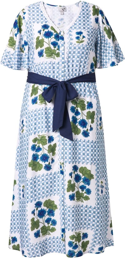 Ulla Popken - Dames - Maxi-jurk ruiten/bloemen V-hals korte mouwen - Off-white - Maat 42+
