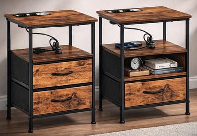 Nachtkastje Set van 2 met Laadstation – 2 Stoffen Laden + Open Planken – 2 Stopcontacten & 2 USB-Poorten – Vintage Bruin/Zwart – Compact & Stevig