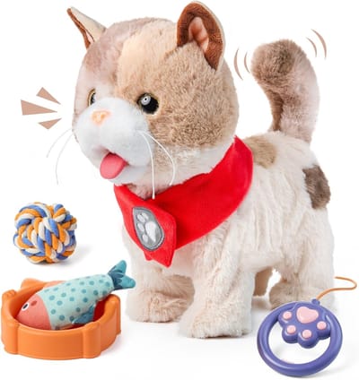 Interactief Elektronisch Pluche Kat Speelgoed voor Kinderen, Realistisch Walking Katten Speelgoed dat Loopt, Miauwt, Tongen uit en Kwispelt met de Staart,Kitten Huisdier Speelgoed met Leiband