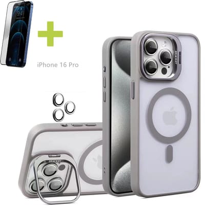 Standaards Hoesje voor iPhone 16 Pro, Compatibel met MagSafe Hoes, Acryl + TPU Case met Metaal Camerafolie, Transparant, Grijs - Screenprotector