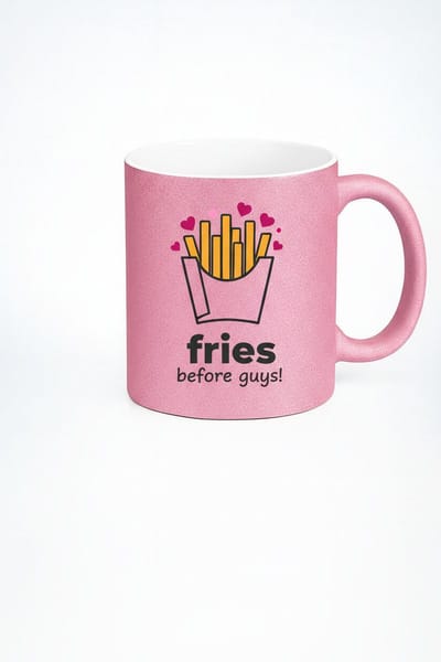 Roze Glitter Mok 'Fries Before Guys!' - Uniek & Grappig Cadeau met Frietjes Design