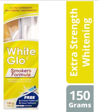 White Glo Smokers Formula Whitening Tandpasta 150g (100ml) en tandenborstel en tandenstokers flossen