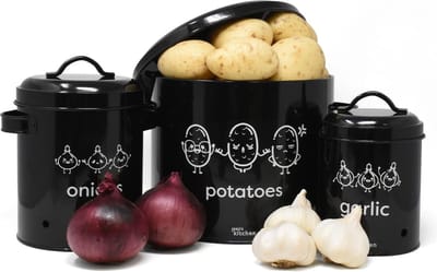 Ui en aardappel opslag set van 3, metalen voedselbak container potten met deksel met 360° luchtcirculatie houdt groenten langer vers