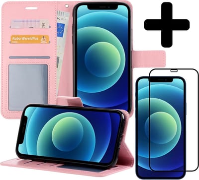 Hoesje - Met Screenprotector - Geschikt voor Apple iPhone 12 - Luxe Pasjeshouder - Flipcase - Bookcase Portemonee - Flip Case - Kunstleer Book Case - Book Cover - Walletcase - Portemonneehoes - Telefoonhoes - Lichtroze