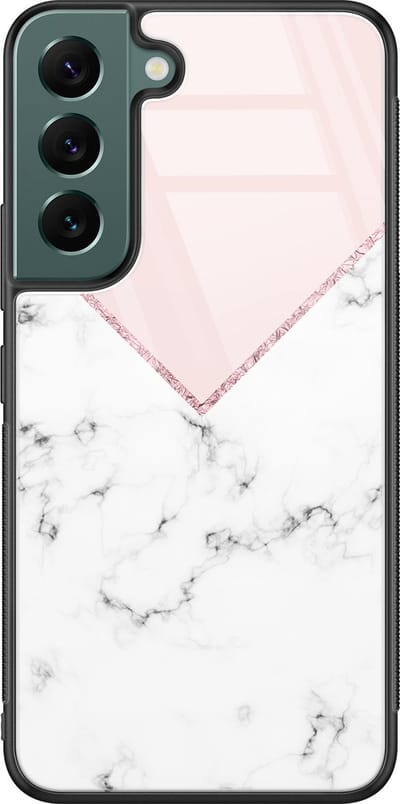Hoesje geschikt voor Samsung Galaxy S22 - Marmer roze grijs - Luxe Glazen Hardcase - Bloemen - Geel