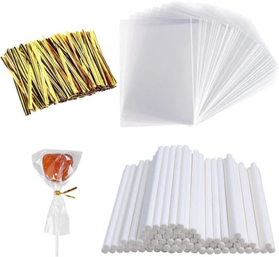 300 cake pop stelen, 100 lollipop sticks van 15 cm, 100 transparante snoepzakken en gouden linten voor zoetigheden en gebak