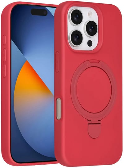 Backcover Hoesje Geschikt voor: iPhone 16 Pro Volledig Dekkende Schokbestendige Siliconen Backcover met Ringstandaard – 360° Bescherming - Cherry Red