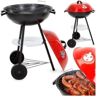 Springos Houtskool barbecue - BBQ - Draagbaar - Op Wielen - Asopvangbak - Kunststof - RVS - Zwart - Rood