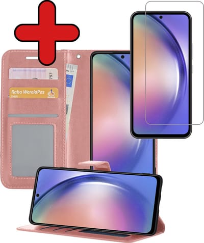 Hoesje - Met Screenprotector - Geschikt voor Samsung Galaxy A54 - Luxe Pasjeshouder - Flipcase - Bookcase Portemonee - Flip Case - Kunstleer Book Case - Book Cover - Walletcase - Portemonneehoes - Telefoonhoes - Rosé goud