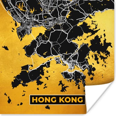 Poster Hong Kong - Goud - Stadskaart - Plattegrond - Kaart - 100x100 cm XXL