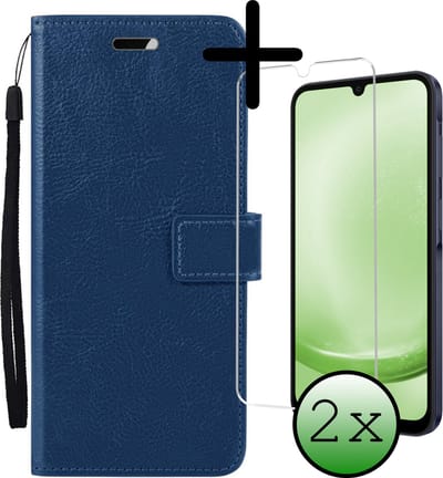 Hoesje Met 2x Screenprotector - Geschikt voor Samsung Galaxy A25 - Luxe Pasjeshouder - Bookcase Portemonee - Flip Case - Kunstleer Book Case - Flipcase Hoes - Book Cover - Walletcase - Portemonneehoes - Donkerblauw