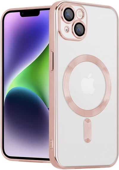 YPCd MagSafe Hoesje Geschikt voor Apple iPhone 14 Plus – Transparante TPU Backcover – Verhoogde Camerabescherming – Roze