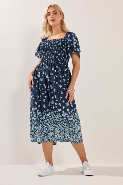Yours Marineblauwe Maxijurk Met Bloemenprint En Smokwerk Size 42