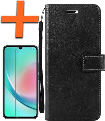 Hoes - Met Screenprotector - Geschikt voor Samsung Galaxy A34 - Luxe Pasjeshouder - Bookcase Portemonee - Flip Case - Kunstleer Book Case - Flipcase - Book Cover - Walletcase - PortemonneeHoes - Zwart