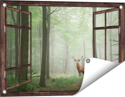 Gards Tuinposter Doorkijk Hert in Bos - 60x40 cm - Tuindoek - Tuindecoratie - Wanddecoratie buiten - Tuinschilderij