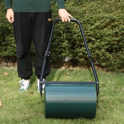 MEUNIQ Gazonwals van metaal met U-handgreep, vulbaar met water of zand, 30 L, 102 x 50 x 30 cm, tuinroller voor gazon en grond, groen