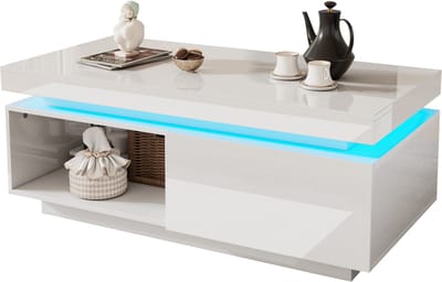 Hoogglans Salontafel - Witte Woonkamer Tafel - Met LED Verlichting - Met Lade - 50 kg Draagkracht - Voor Woonkamer - 100x50x40,3 cm - Wit