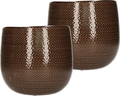 Set van 2x stuks keramiek aardewerk bloempotten van 19 x 21 cm in het geribbeld donkerbruin - Mica Decorations plantenpotten