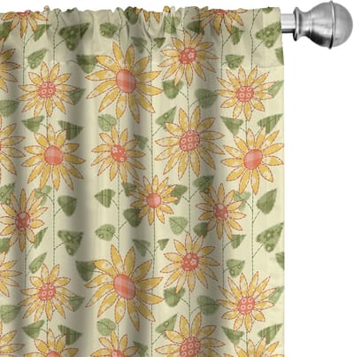 ABAKUHAUS Zonnebloem gordijnen – Patchworkkunst – 2x75x175 cm – microvezel – verduisterend – olijfgroen/oranje