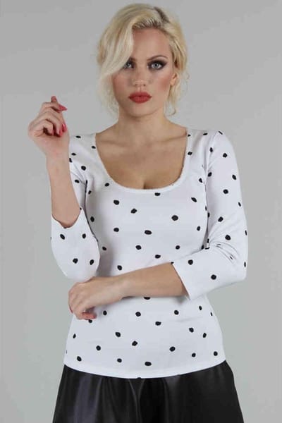 Voodoo Vixen - De Vil Mono Polka Dot Top - M - Wit