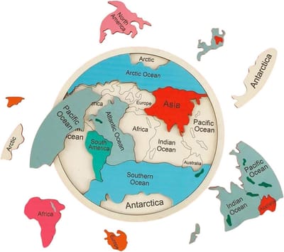 Wereldkaart Puzzel - Educatief Speelgoed - Geografie Leren - Houten Continenten - 31 x 31 cm - Kleurrijk